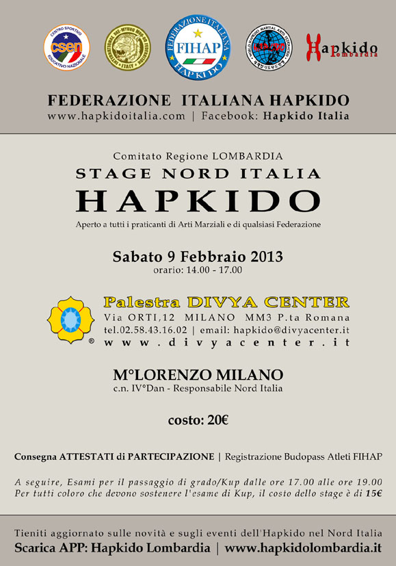 1�STAGE NORD ITALIA HAPKIDO, SABATO 9 FEBBRAIO 2013 ore14.00-17.00