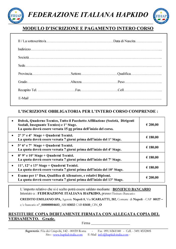 Modulo Iscrizione Corso Istruttori Hapkido - Societ