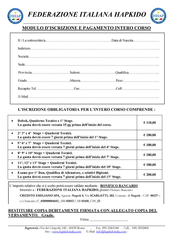 Modulo Iscrizione Corso Istruttori Hapkido - Cinture Nere-Marroni-Rosse