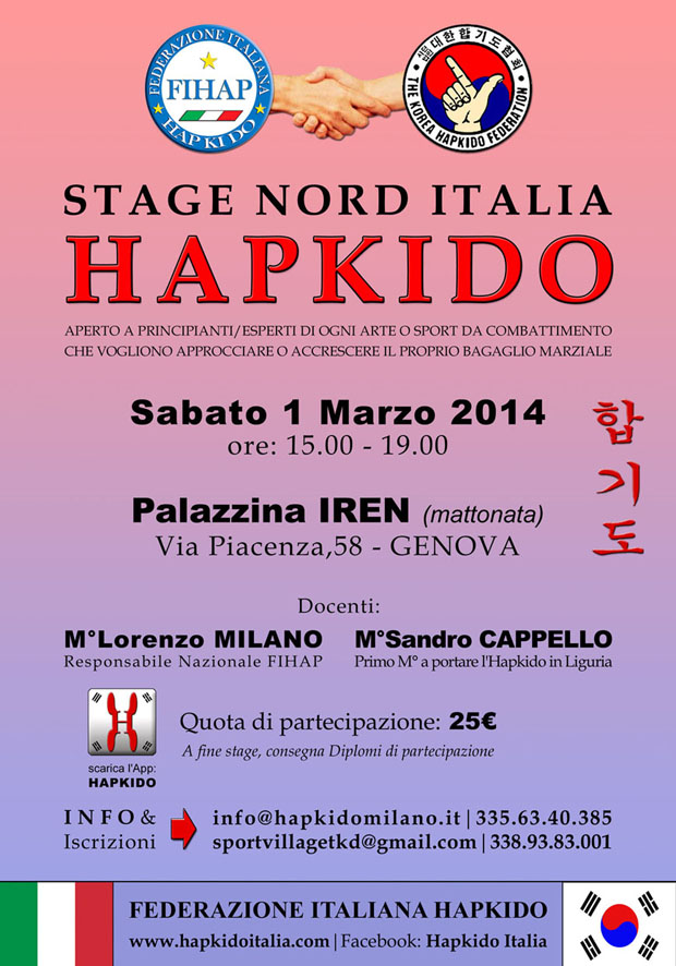 Stage Nord Italia Hapkido - 1 Marzo ore:15-19 Genova Via Piacenza,58