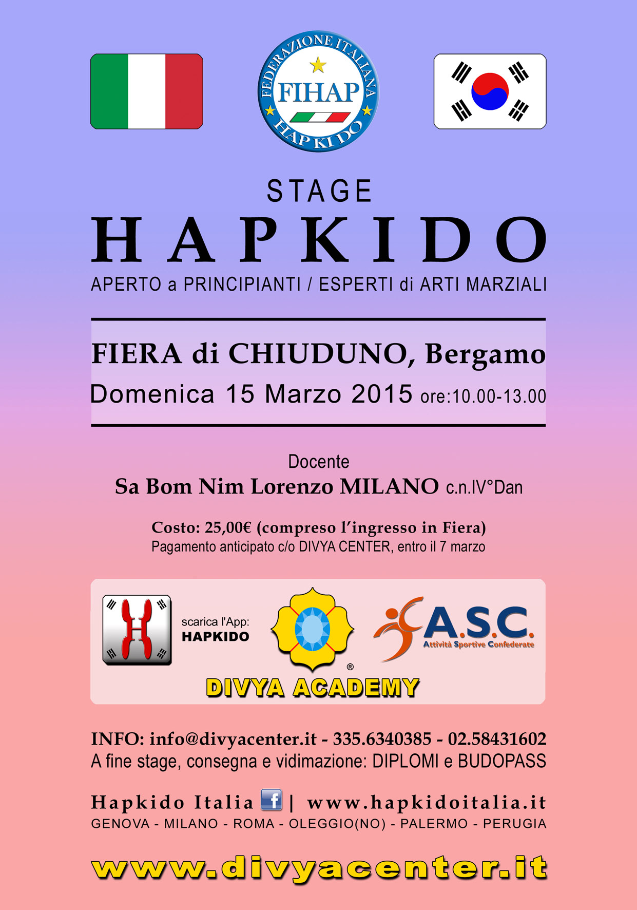STAGE HAPKIDO a BERGAMO - FIERA di CHIUDUNO, Bergamo - ore:10.00-13.00